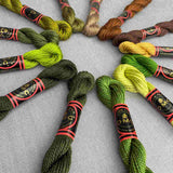 DMC perlegarn i brune og grønne farver